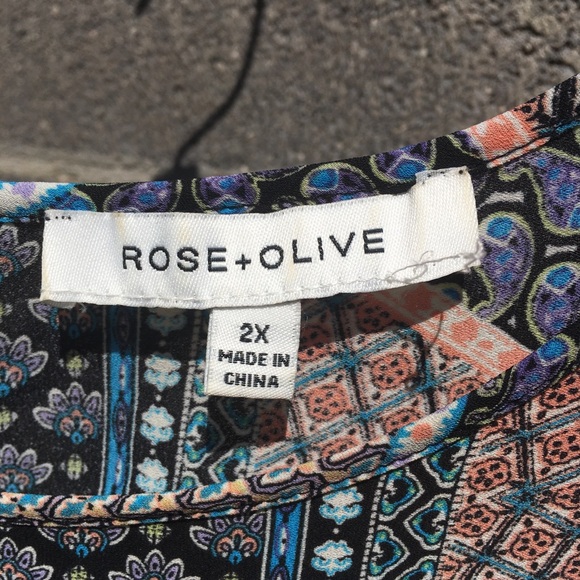 Rose + Olive Blouse Women’s 2X Floral 3/4 Sleeve Pink Blue Multi Pattern Hi Low - Picture 5 of 12